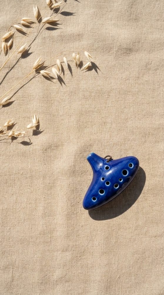 Ocarina azul de cerâmica sobre linho bege, com ramos secos e sombras laterais.