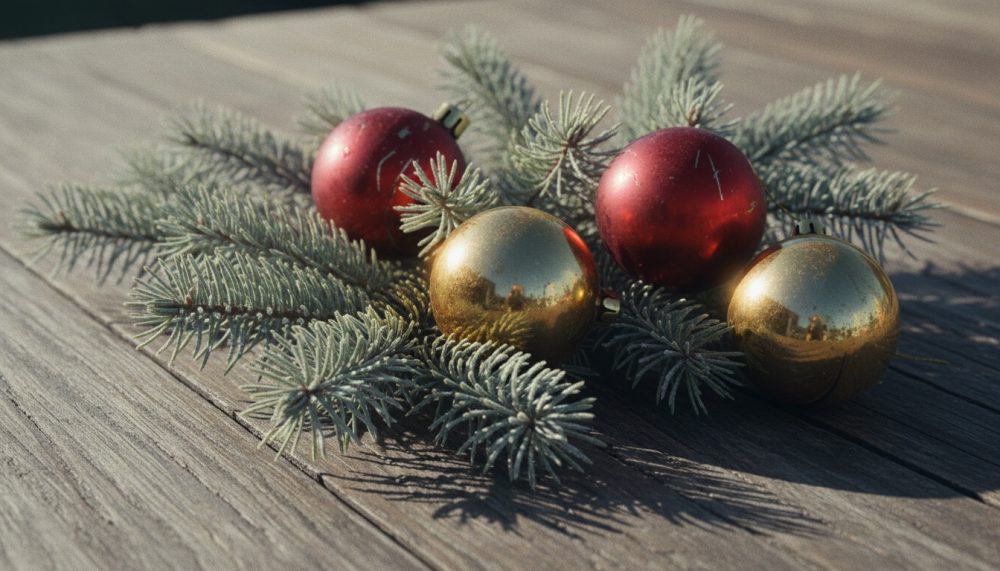 Bolas de Natal vermelhas e douradas entre ramos de pinheiro sobre madeira rústica.