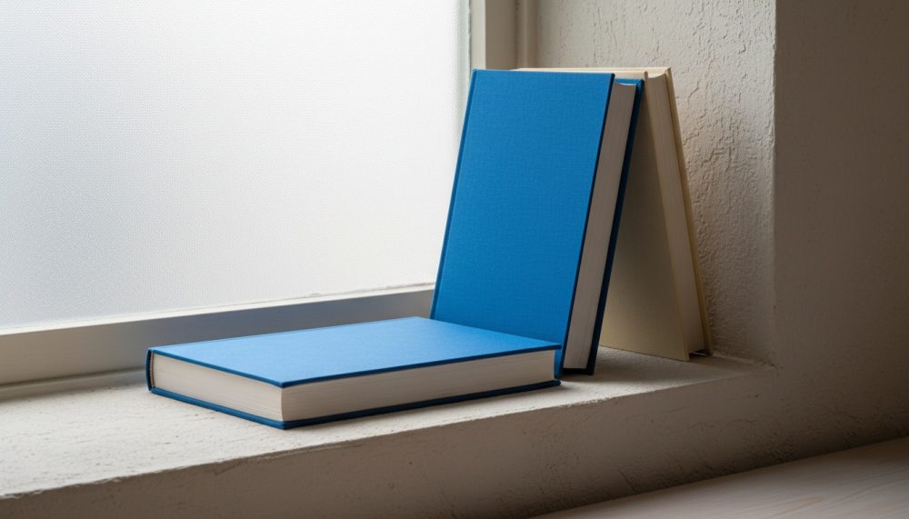 Três livros de capa dura azul e bege apoiados num peitoril de janela com luz suave