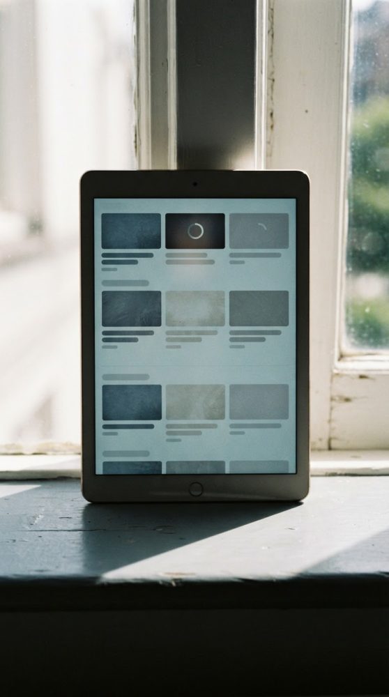 Tablet preto num peitoril de janela com grelha de conteúdos digitais no ecrã e luz solar lateral.