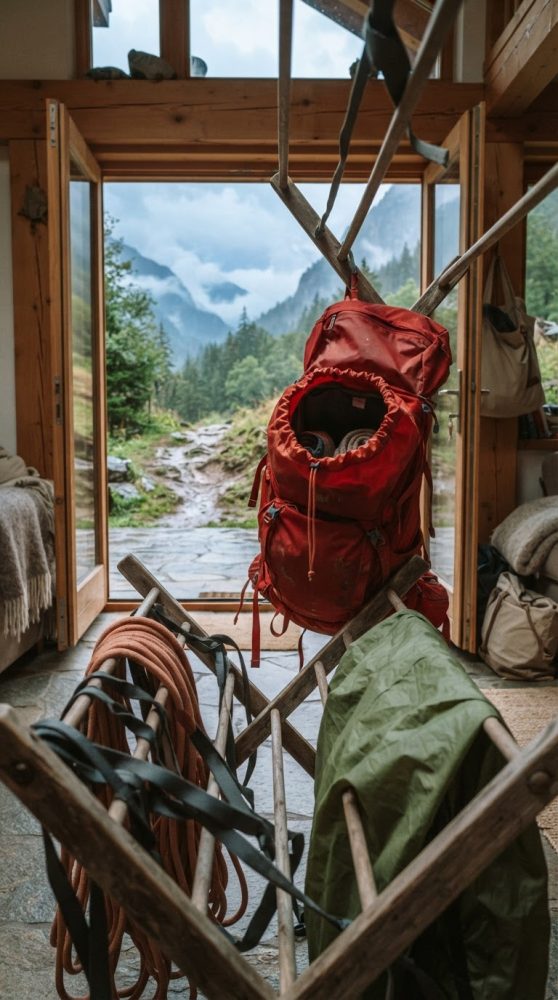 Mochila vermelha suspensa em cabana de madeira, com corda e saco de dormir diante de montanhas enevoadas.