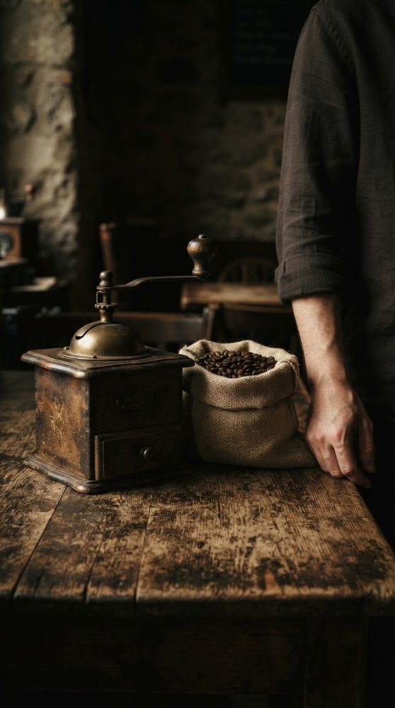 Moinho manual de madeira escura e saco de serapilheira com grãos de café sobre mesa rústica.