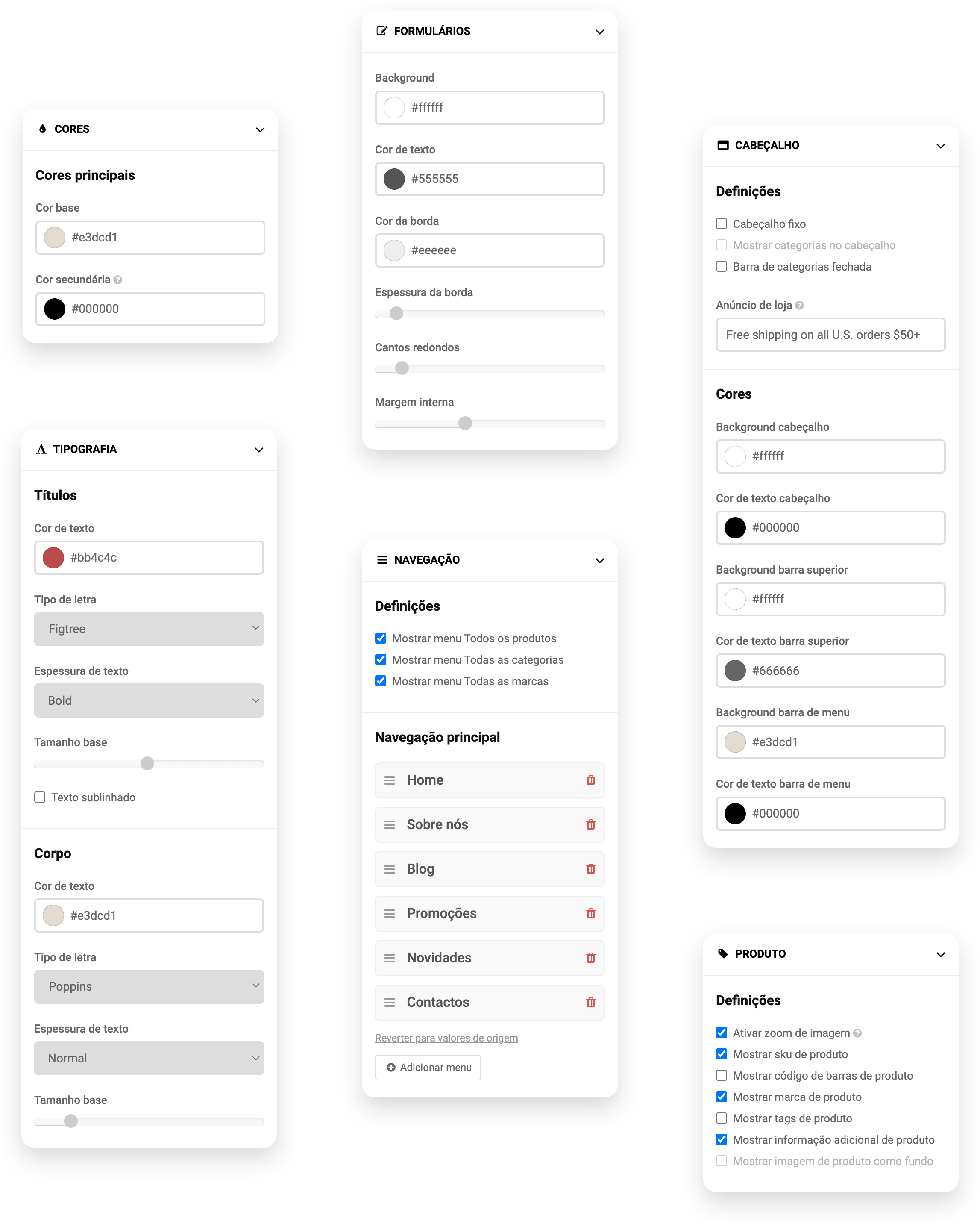 Opções de personalização no Shopkit Theme Editor mostrando configurações para cores, tipografia, formulários, navegação, cabeçalho e produtos.