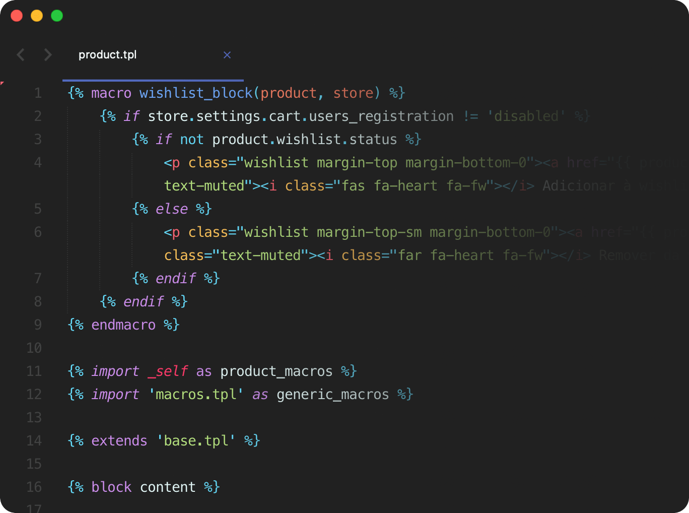 Exemplo de personalização avançada com código no Shopkit, utilizando uma linguagem de templating para modificar a aparência e funcionalidade da loja online.