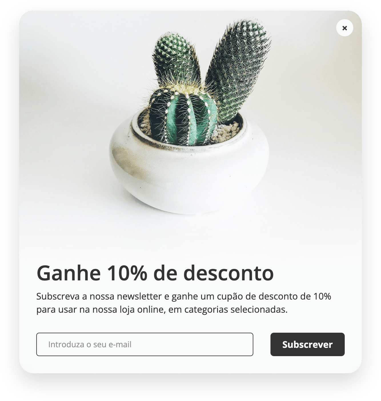 Exemplo de pop-up criado com o gestor de pop-ups do Shopkit, oferecendo um desconto de 10% por subscrição de newsletter.