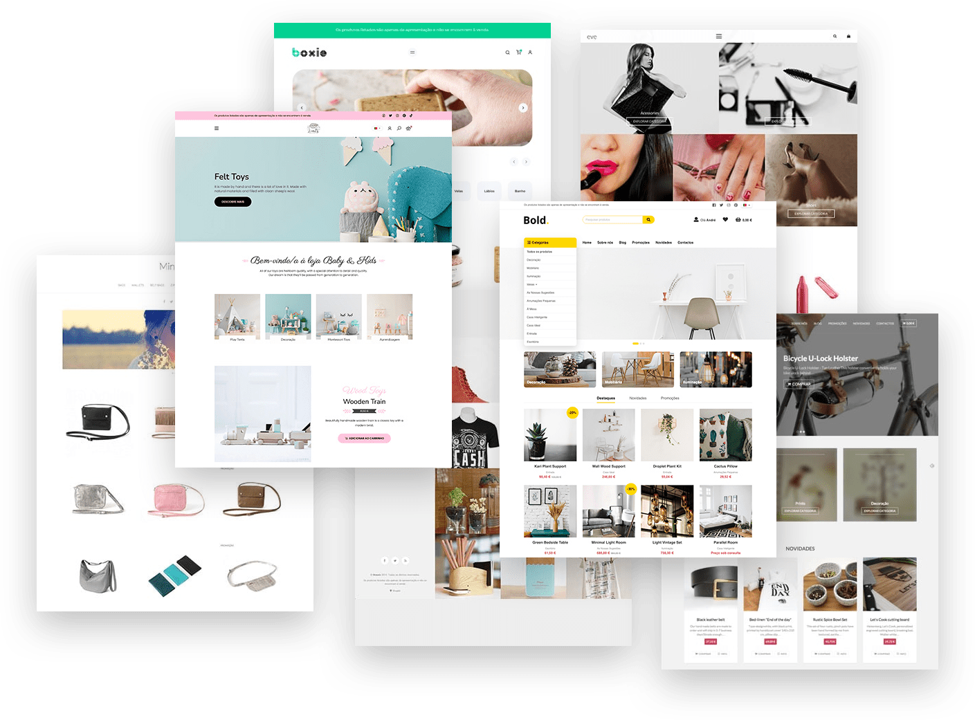Vários templates do Shopkit Theme Editor, mostrando diferentes designs e layouts otimizados para lojas online.