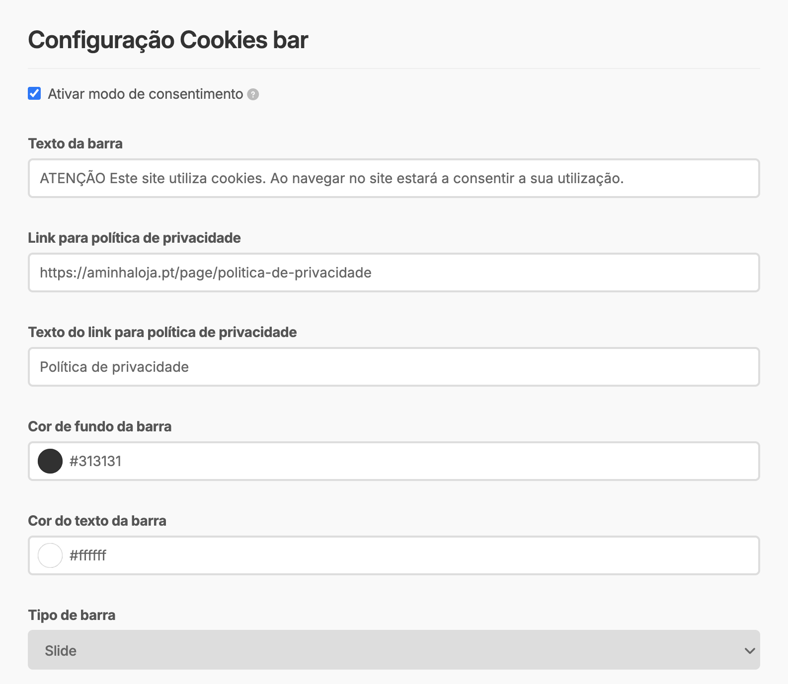 App Cookies bar