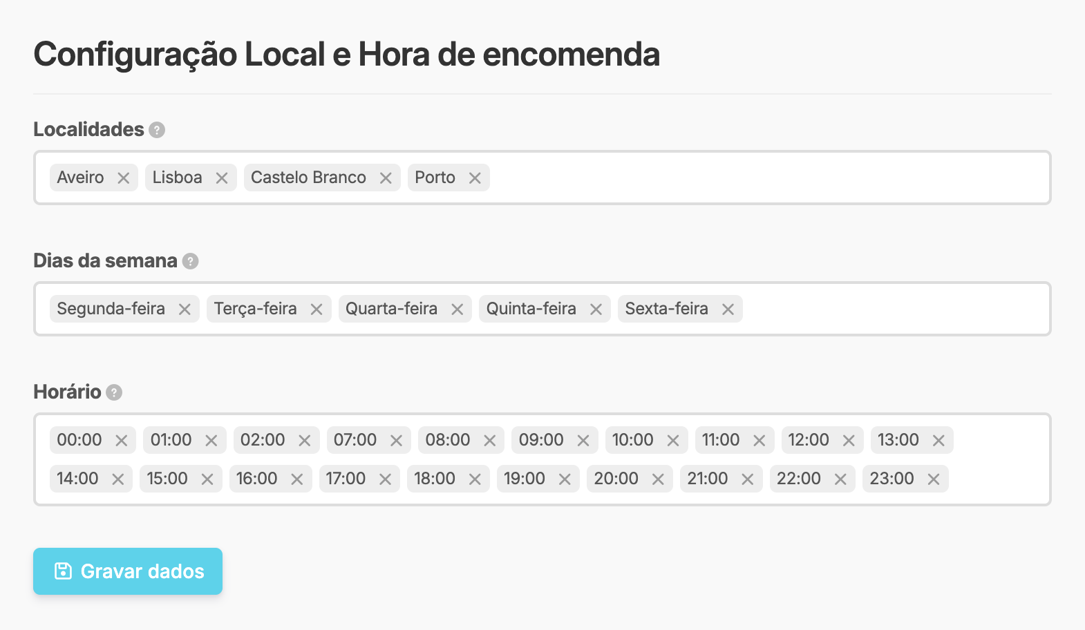 App Local e Hora de encomenda