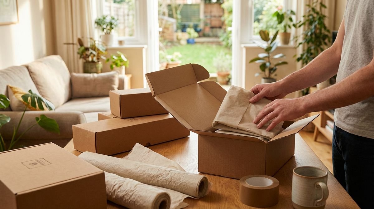 Empreendedor a embalar uma encomenda para enviar, com caixas e materiais de embalagem