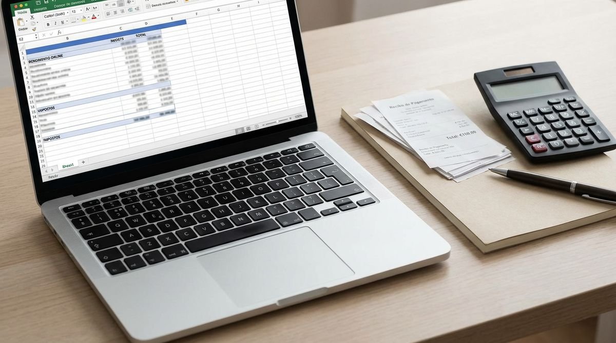 Mesa com portátil, calculadora e recibos, a simbolizar controlo financeiro e impostos