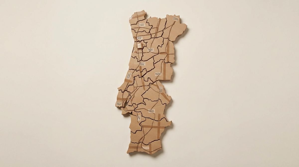 Mapa de Portugal com encomendas a representar envios e distribuição