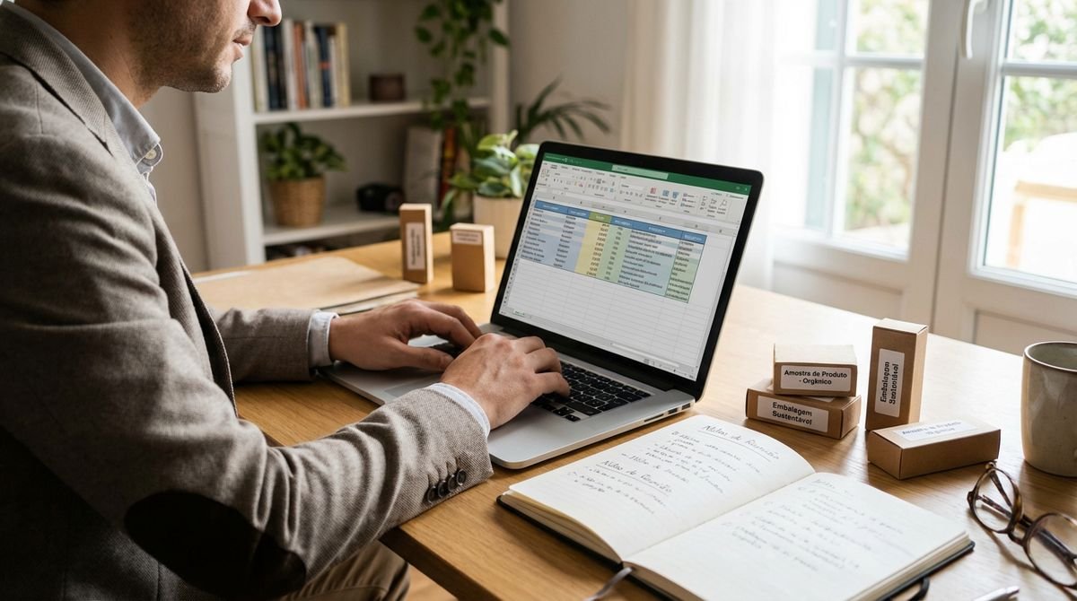 Empreendedor a comparar propostas e a avaliar fornecedores no portátil