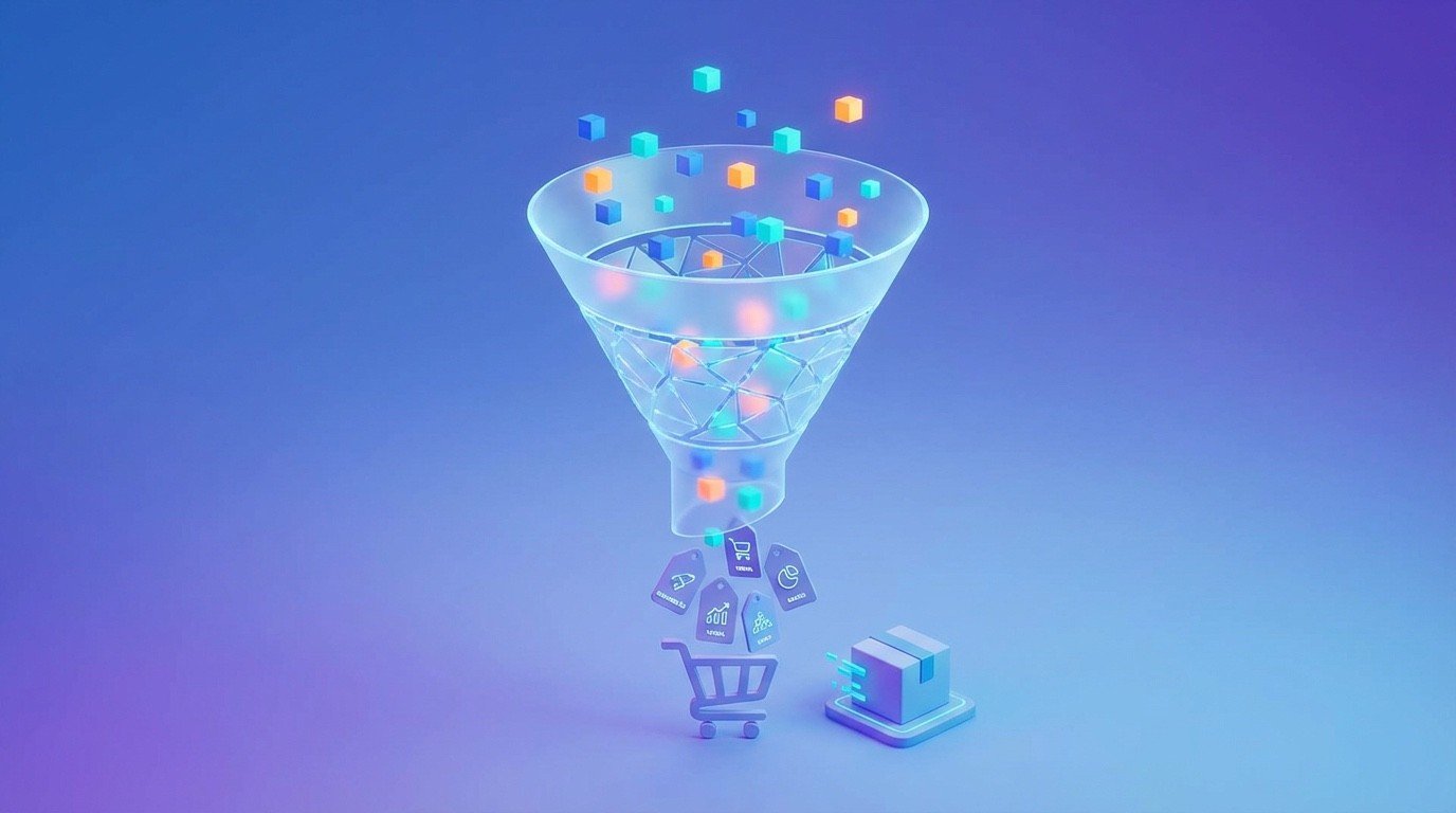 Ilustração de funil de conversão e tags de marketing para ecommerce
