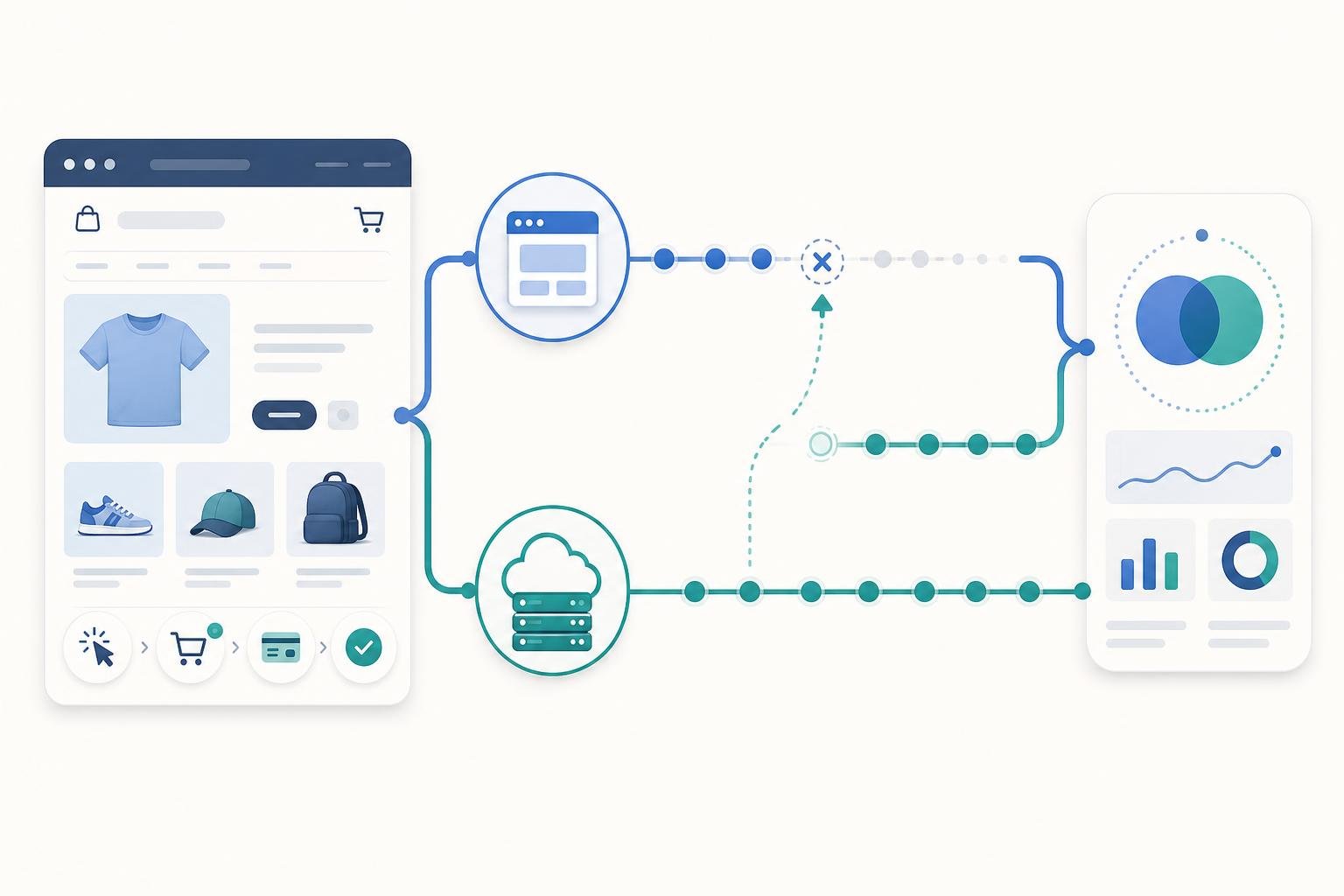 Fluxo visual de eventos da loja a seguir por browser e servidor até à Meta
