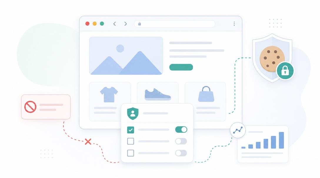 Interface simplificada de consentimento de marketing e privacidade num visual editorial limpo