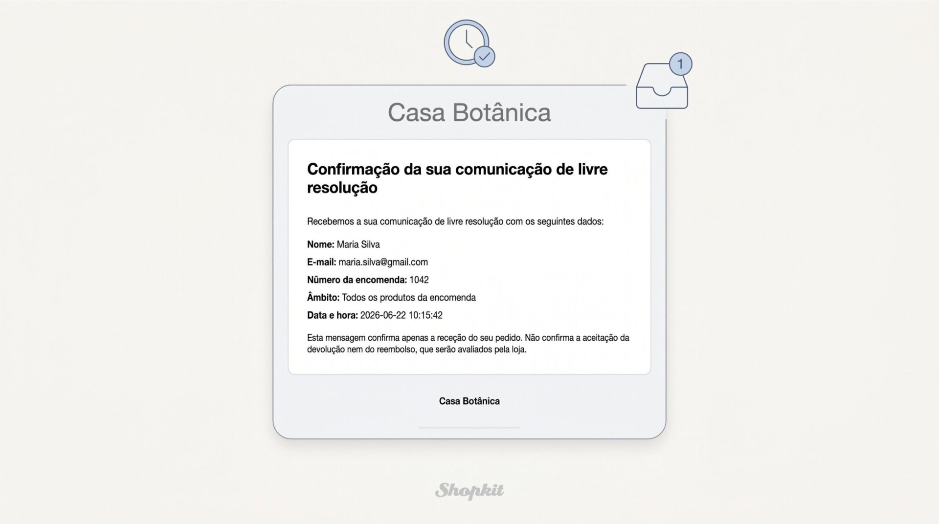 E-mail de confirmação ao cliente com prova do pedido de livre resolução