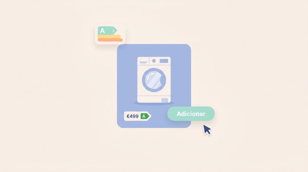 Ilustração de uma página de produto com a seta de classe energética junto ao preço e a etiqueta completa a expandir num formato encadeado