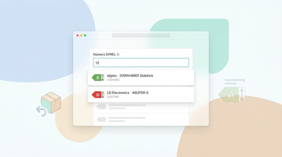 Pesquisa de modelos no EPREL na ficha de produto da Shopkit, com a classe energética de cada resultado