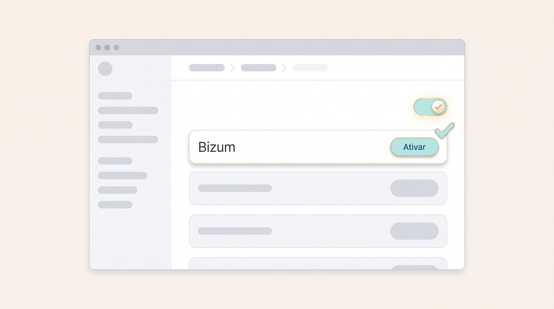 Ilustra&ccedil;&atilde;o editorial do ecr&atilde; de Configura&ccedil;&otilde;es e Pagamentos da Shopkit com a sec&ccedil;&atilde;o do Bizum e o bot&atilde;o de ativar