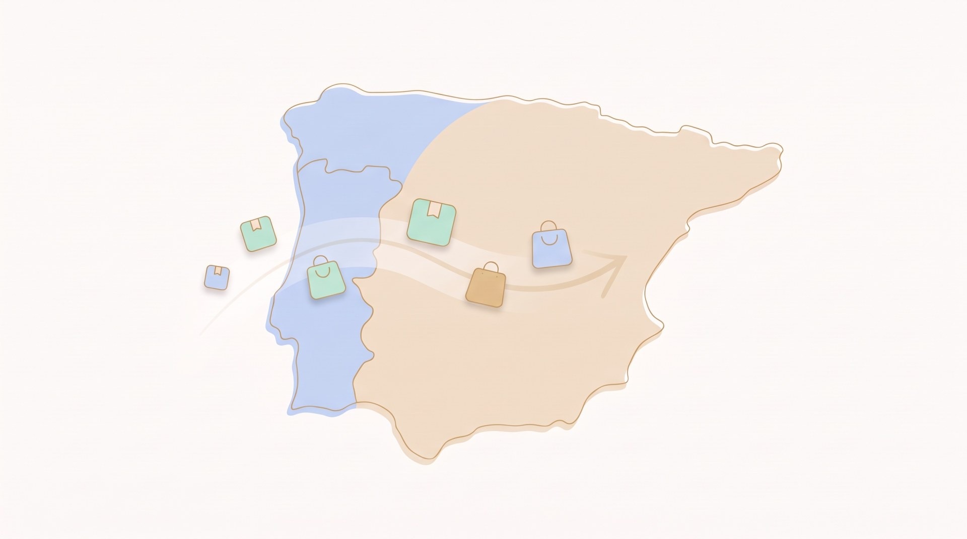 Ilustra&ccedil;&atilde;o editorial do mapa da Pen&iacute;nsula Ib&eacute;rica com encomendas a passar de Portugal para Espanha