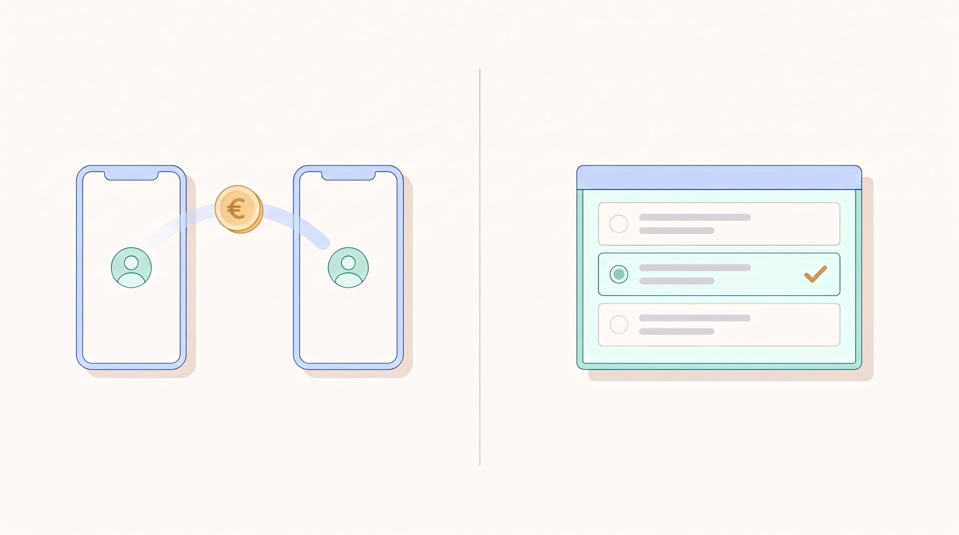 Ilustra&ccedil;&atilde;o editorial a comparar uma transfer&ecirc;ncia entre pessoas com um m&eacute;todo de pagamento no checkout da loja