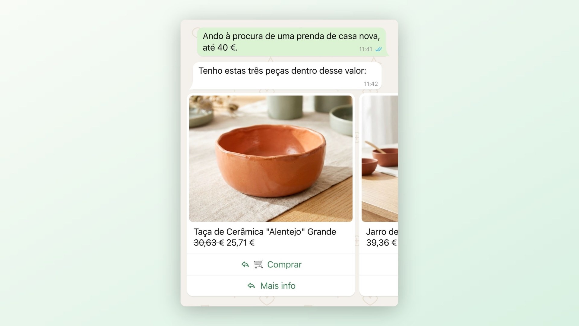 Conversa no simulador do WhatsApp em que o assistente sugere três peças até 40 euros, com fotografia, preço e botão Comprar