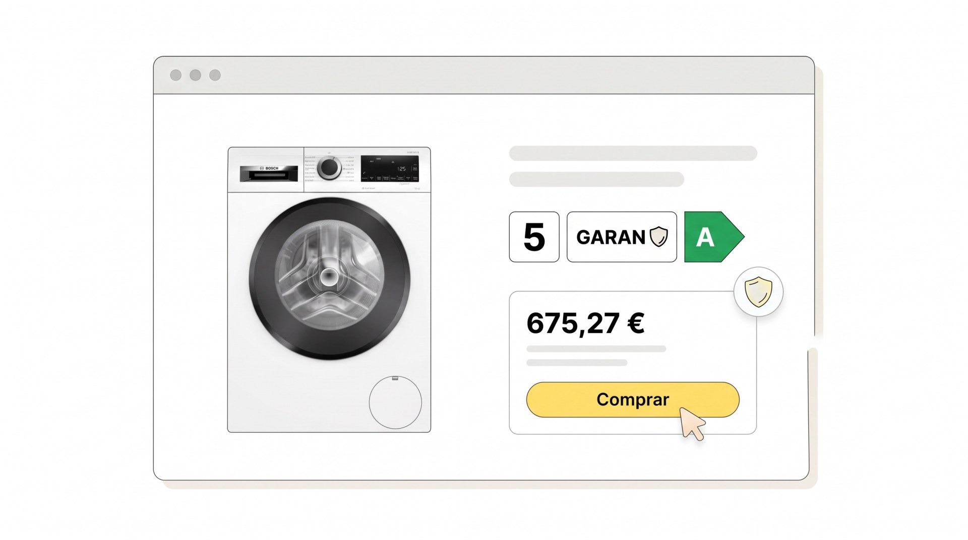 Ilustração da página de produto com o rótulo GARAN compacto ao lado da etiqueta energética