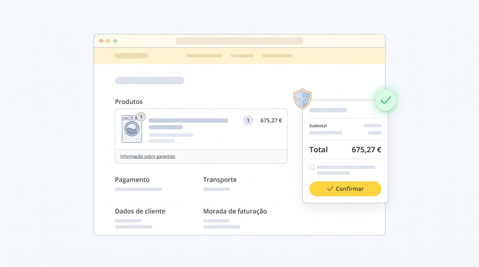 Ilustração do passo de confirmação do checkout com o rótulo GARAN e o link para a informação sobre garantias