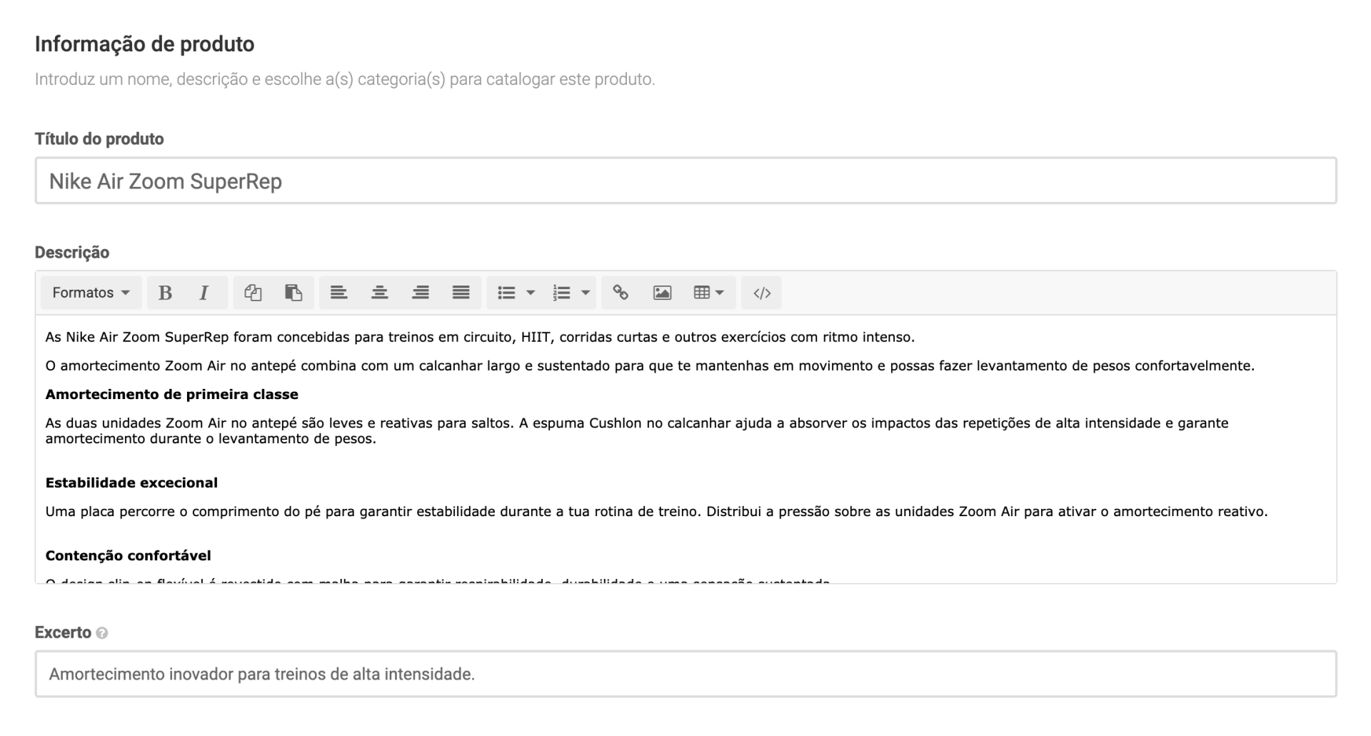 Formulário de informação de produto no Shopkit, com título, editor de descrição e campo de excerto