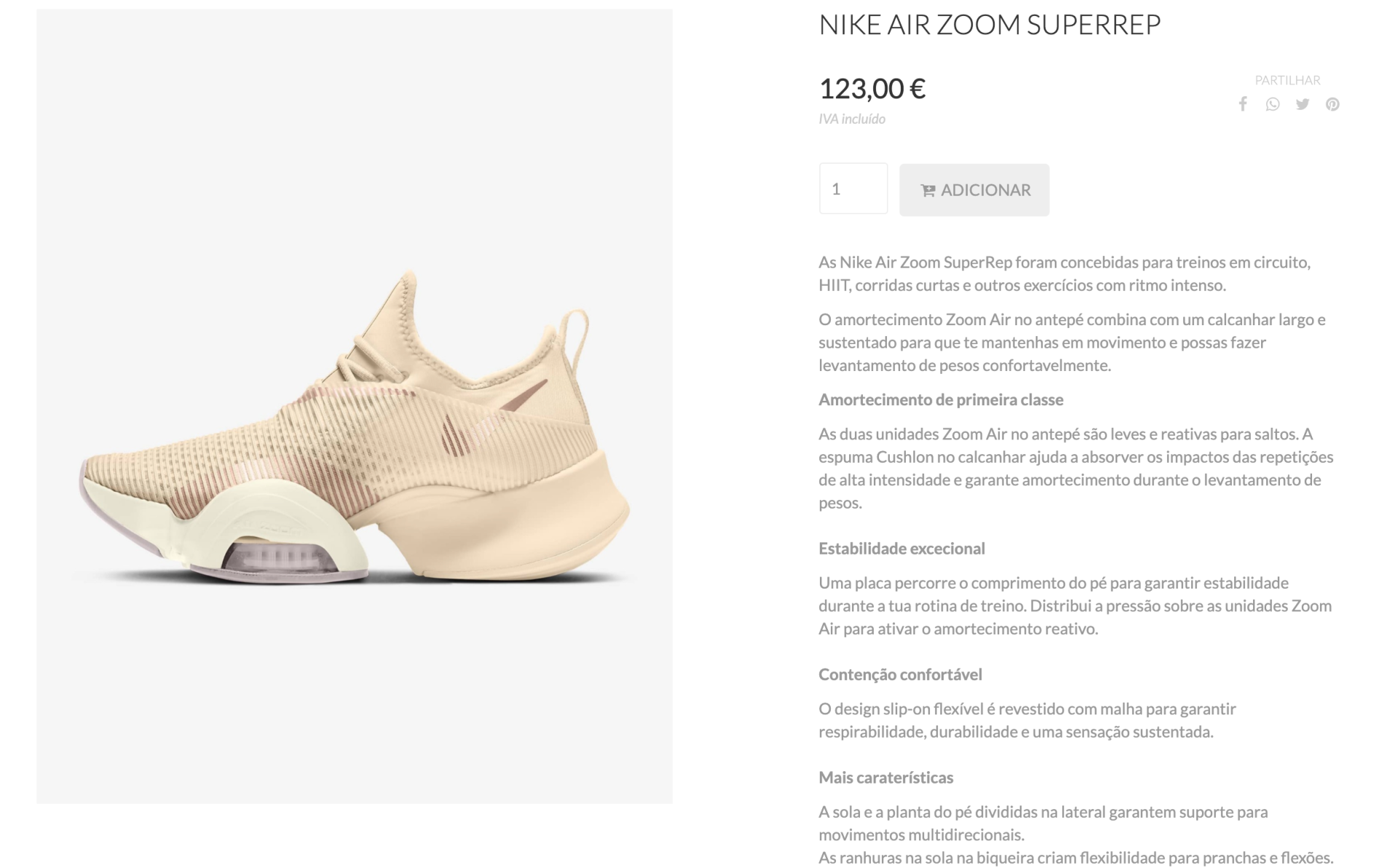 Página de produto de uma sapatilha Nike Air Zoom SuperRep, com preço, botão adicionar e descrição