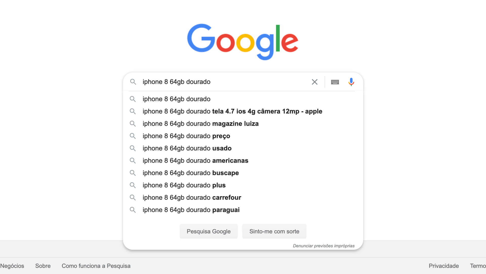 Caixa de pesquisa do Google com sugestões automáticas para a consulta «iphone 8 64gb dourado»