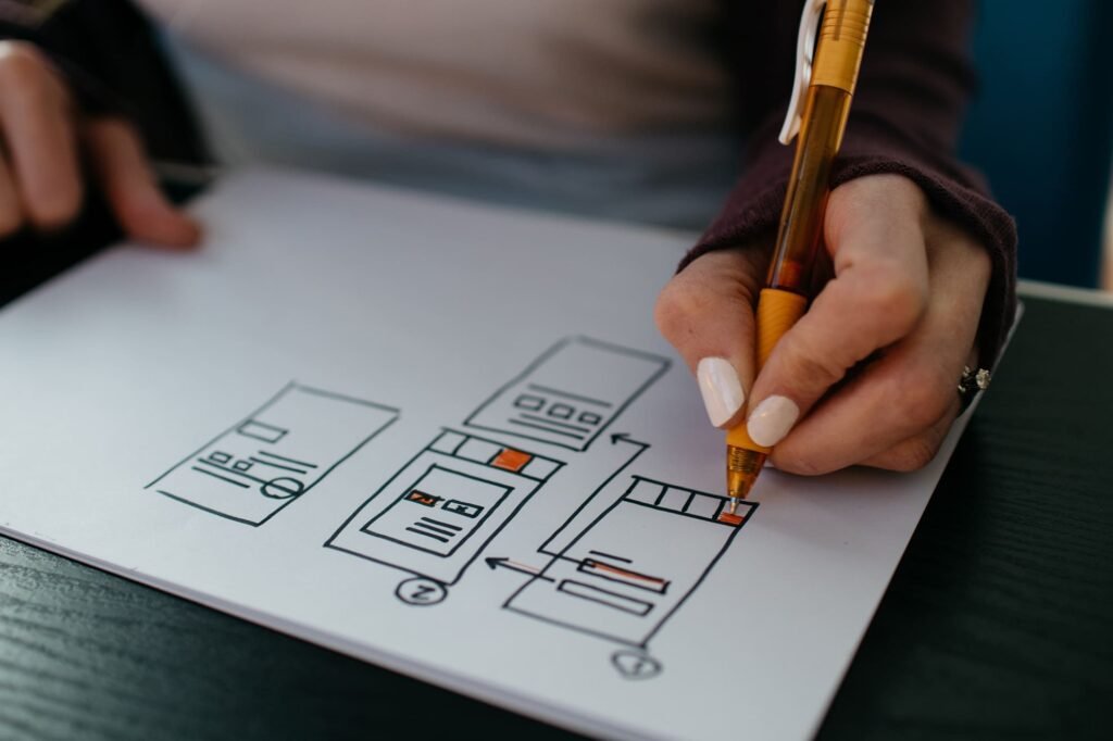 Mão a desenhar a caneta os esboços de ecrãs de uma interface numa folha de papel branca