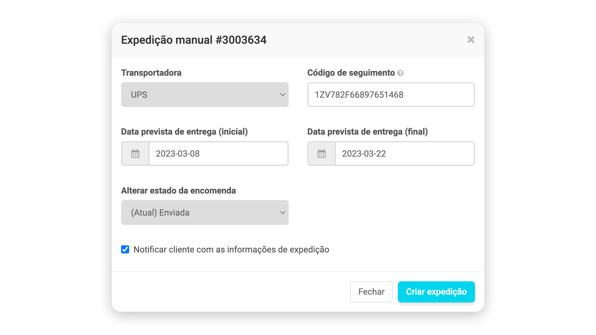 Expedição manual de encomendas