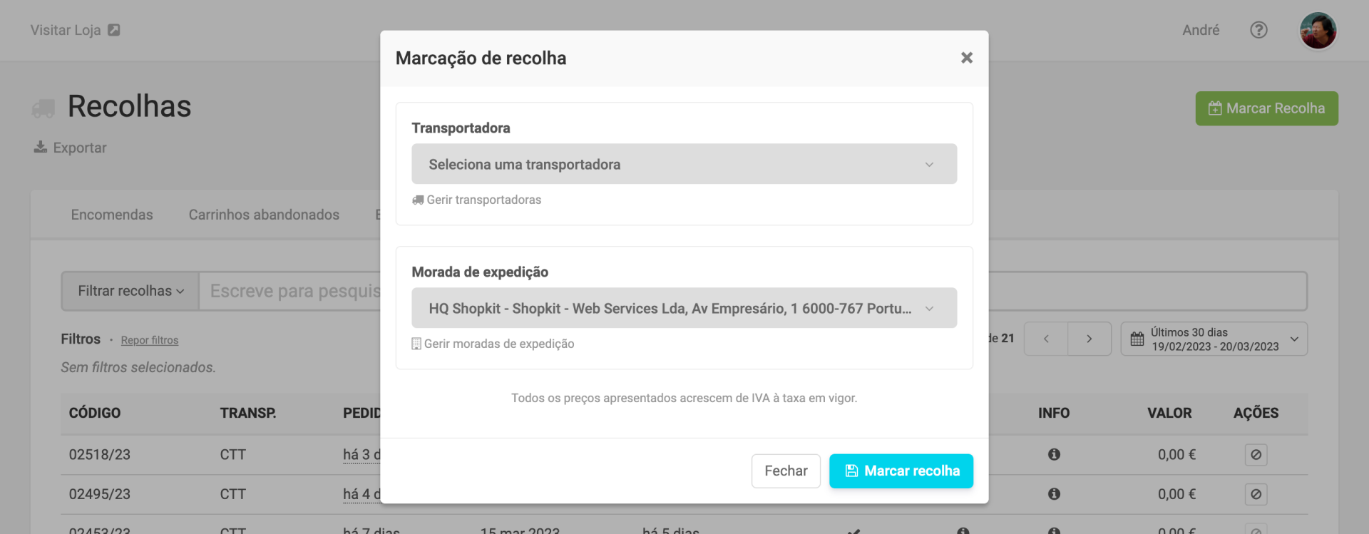 Marcação de recolhas