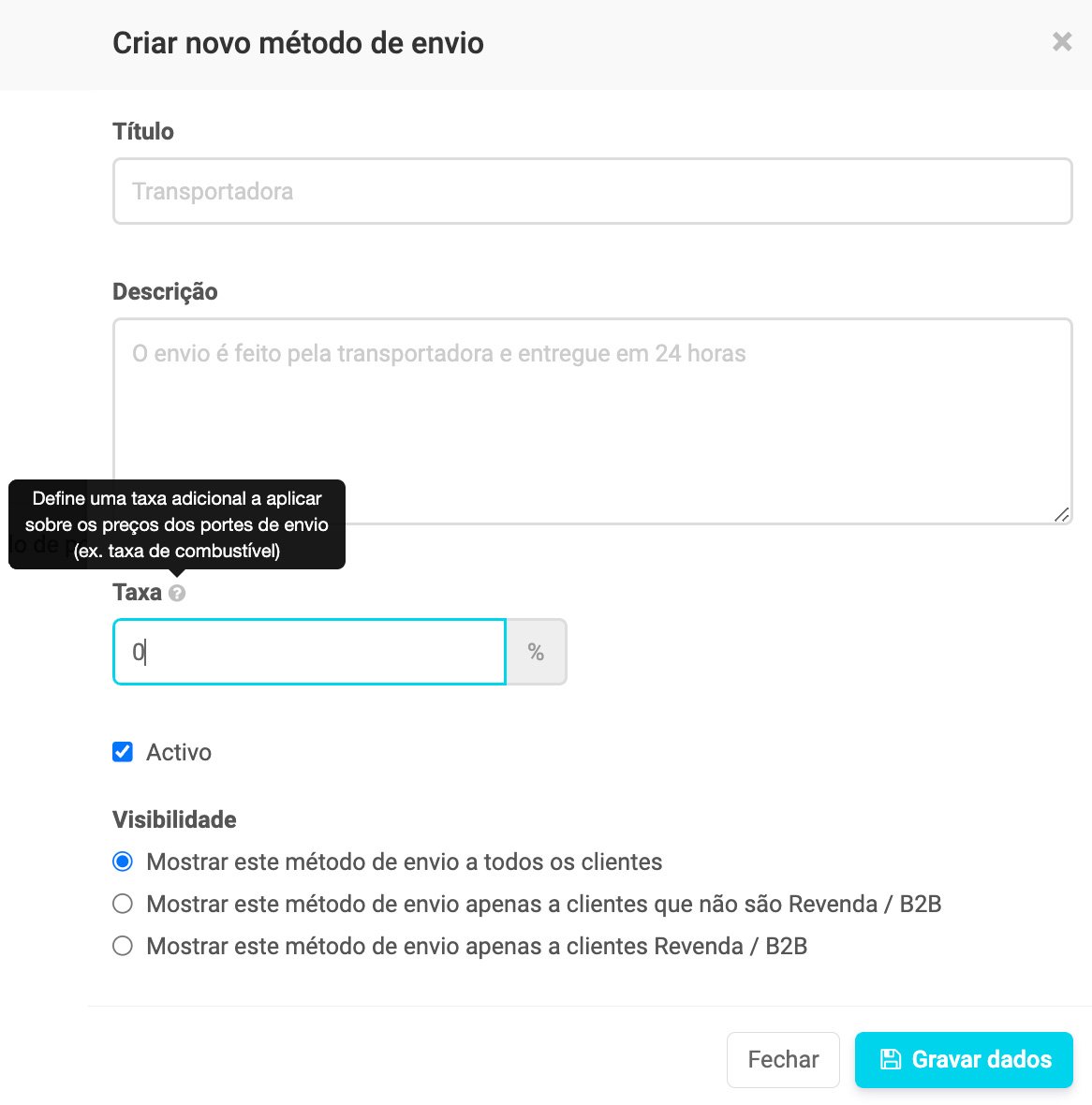 Janela de criação de método de envio no Shopkit, com o campo Taxa e a dica sobre a taxa adicional nos portes