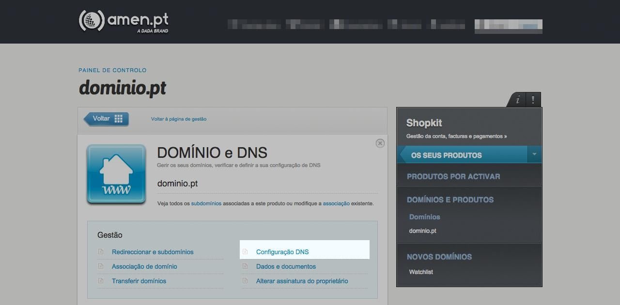 Configurar domínio na Amen.pt