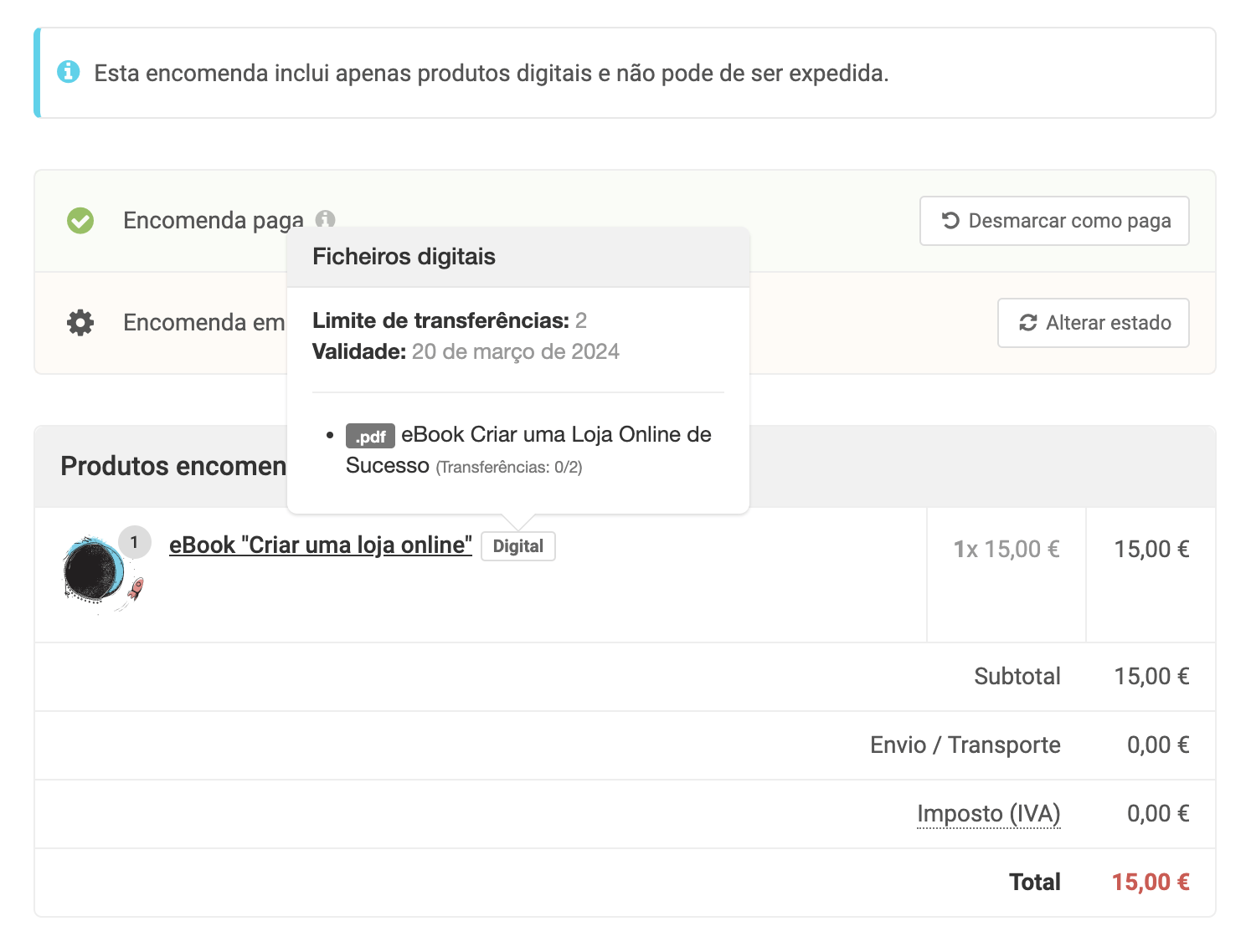 Encomenda de produtos digitais