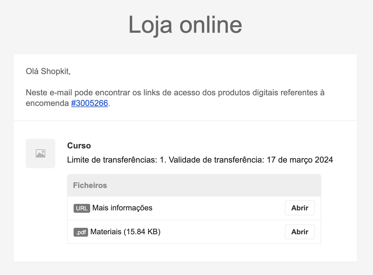 Envio de ficheiros de produtos digitais
