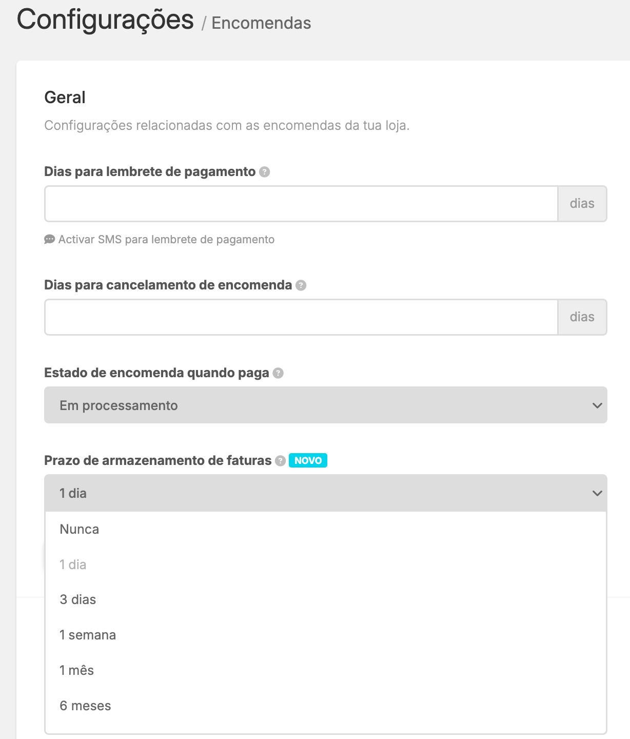 Configurações encomendas