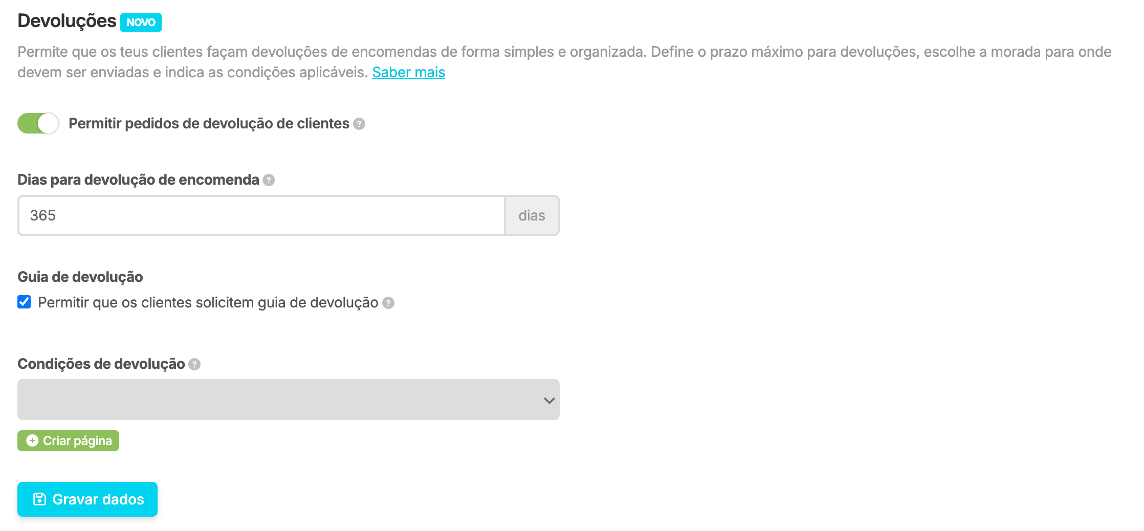 Configurações devoluções