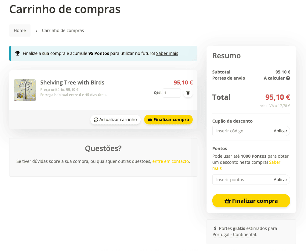 App Cálculo de portes no carrinho de compras