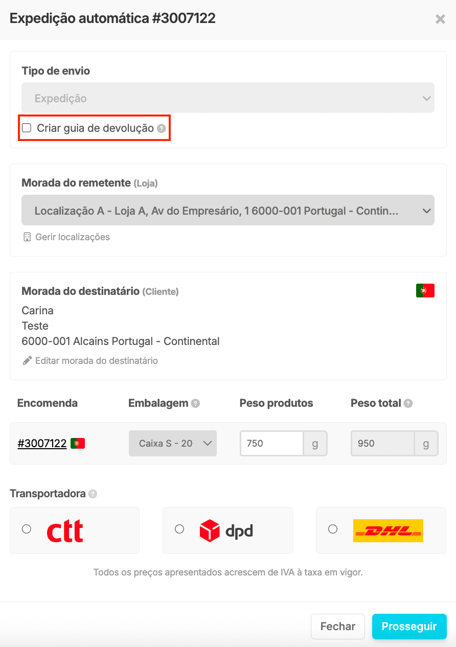 Criar guia devolução