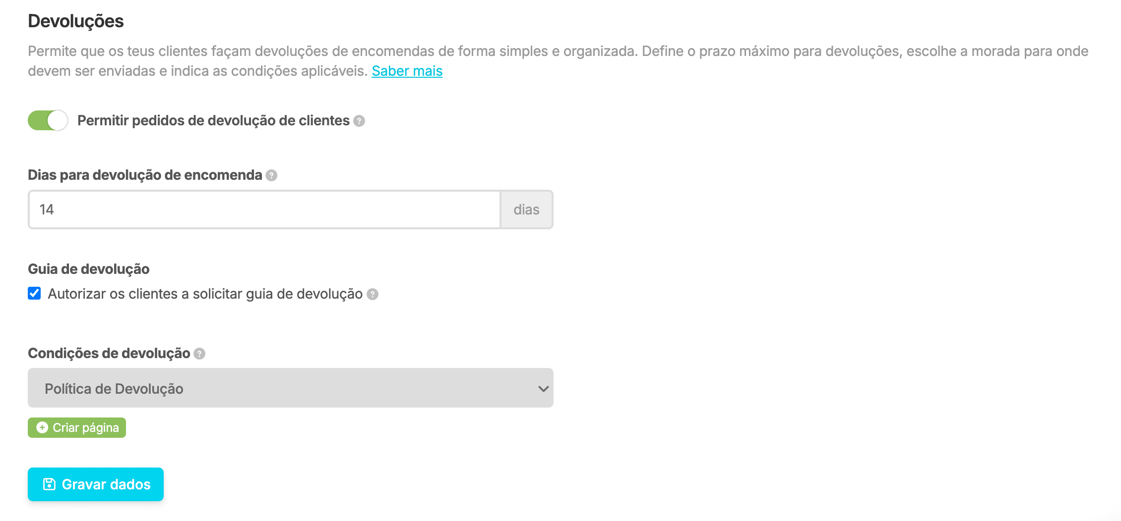 Permitir pedidos de devolução