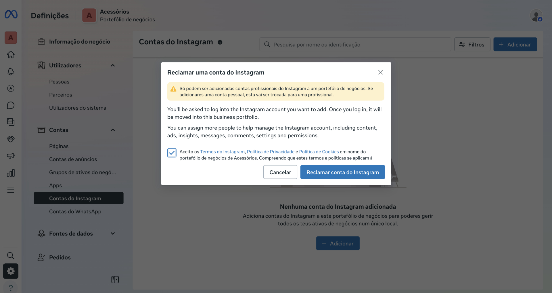 Reclamar conta instagram