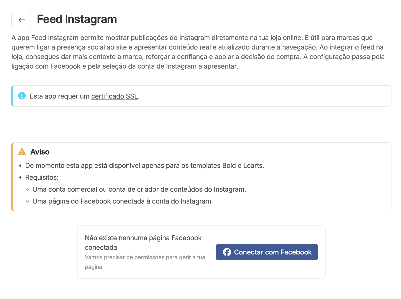 Configurar a app Feed Instagram ao conectar com Facebook