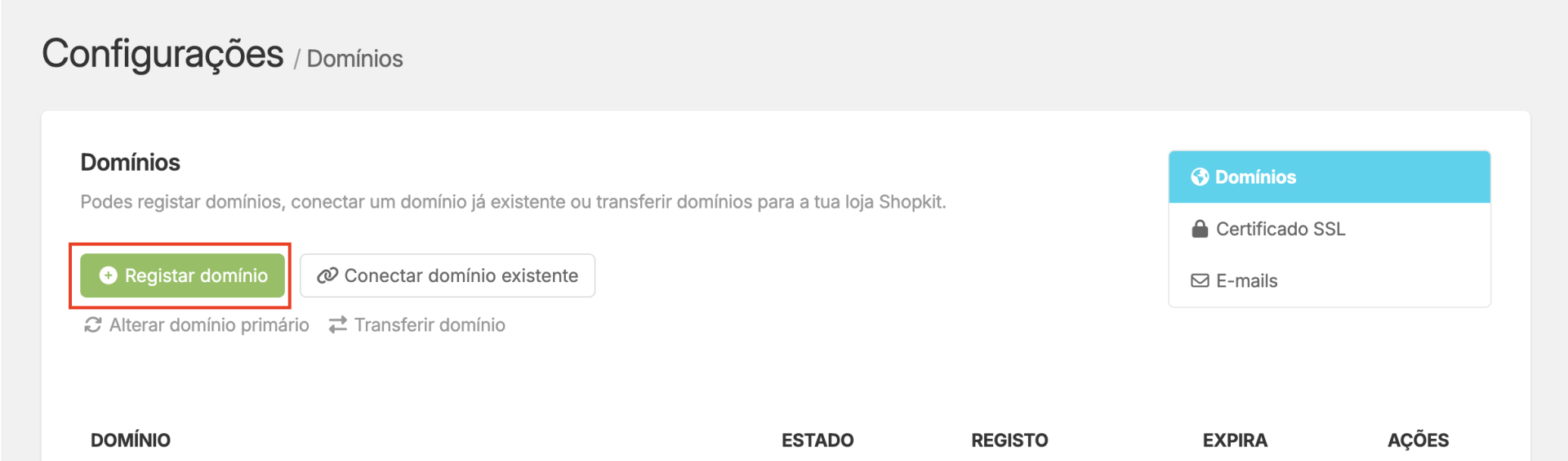 Registar domínio na área de gestão