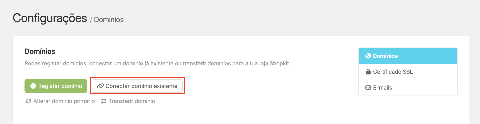 Conectar domínio existente na área de gestão