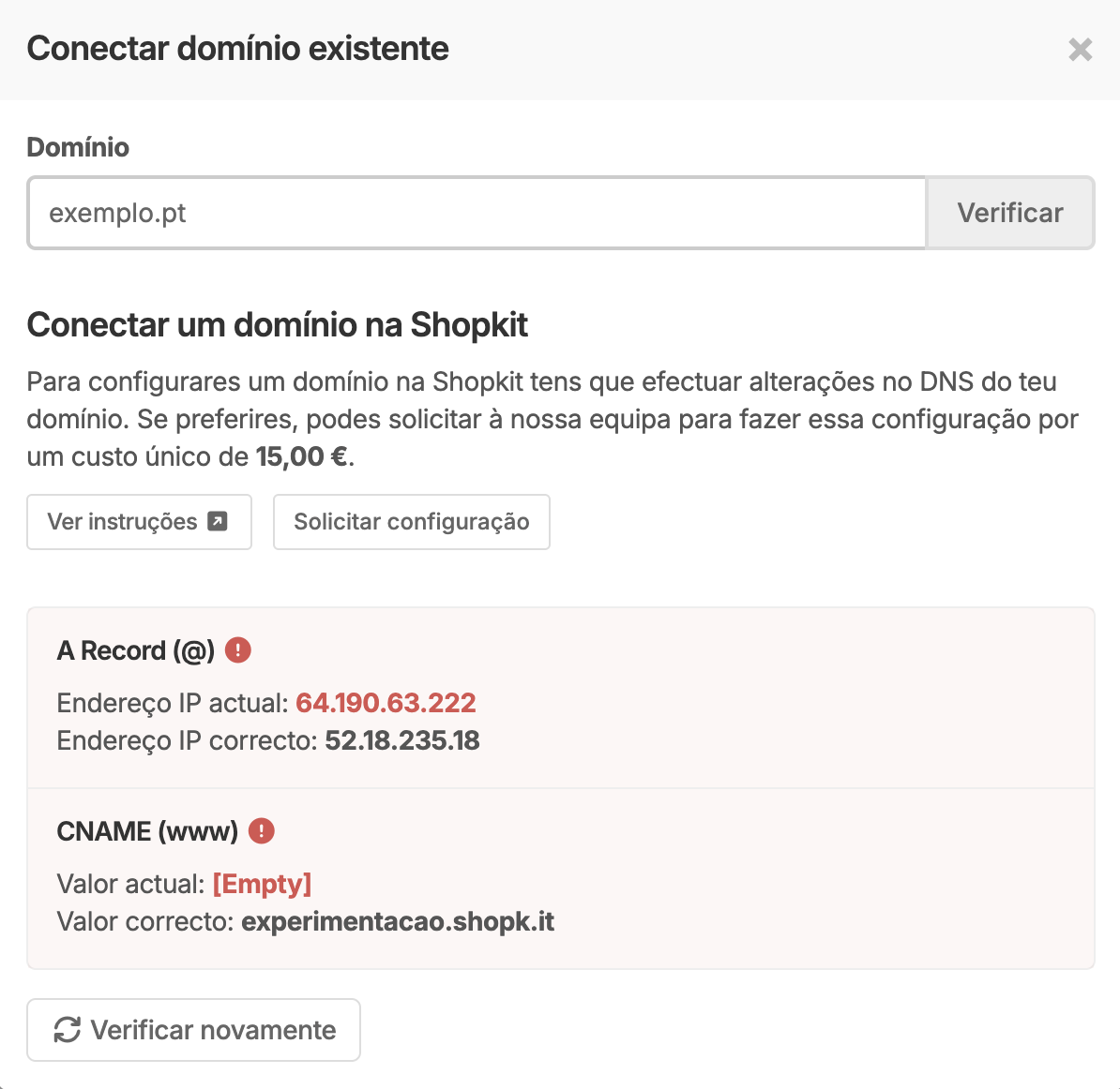 Conectar domínio existente na área de gestão