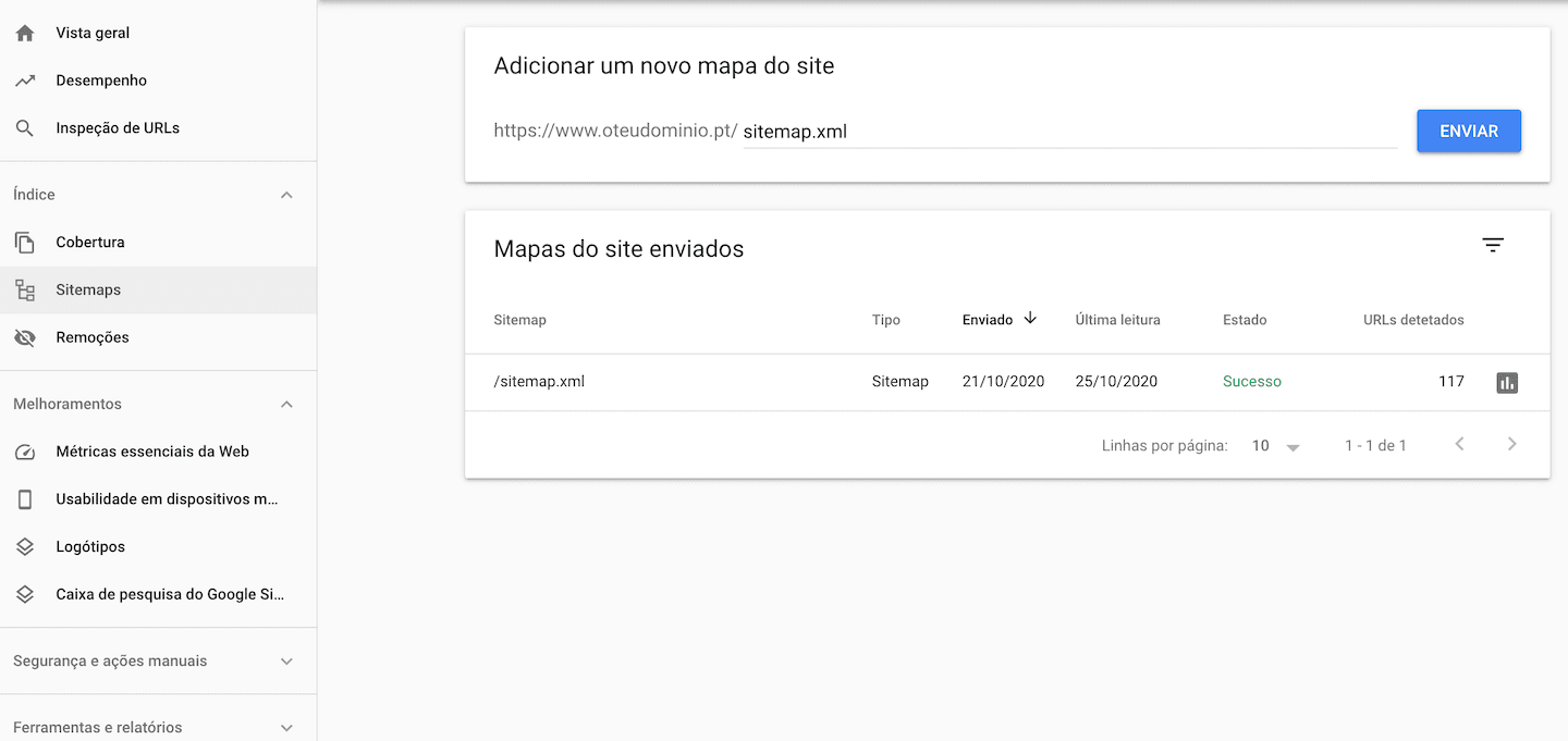 Envio de sitemap no Google Search Console