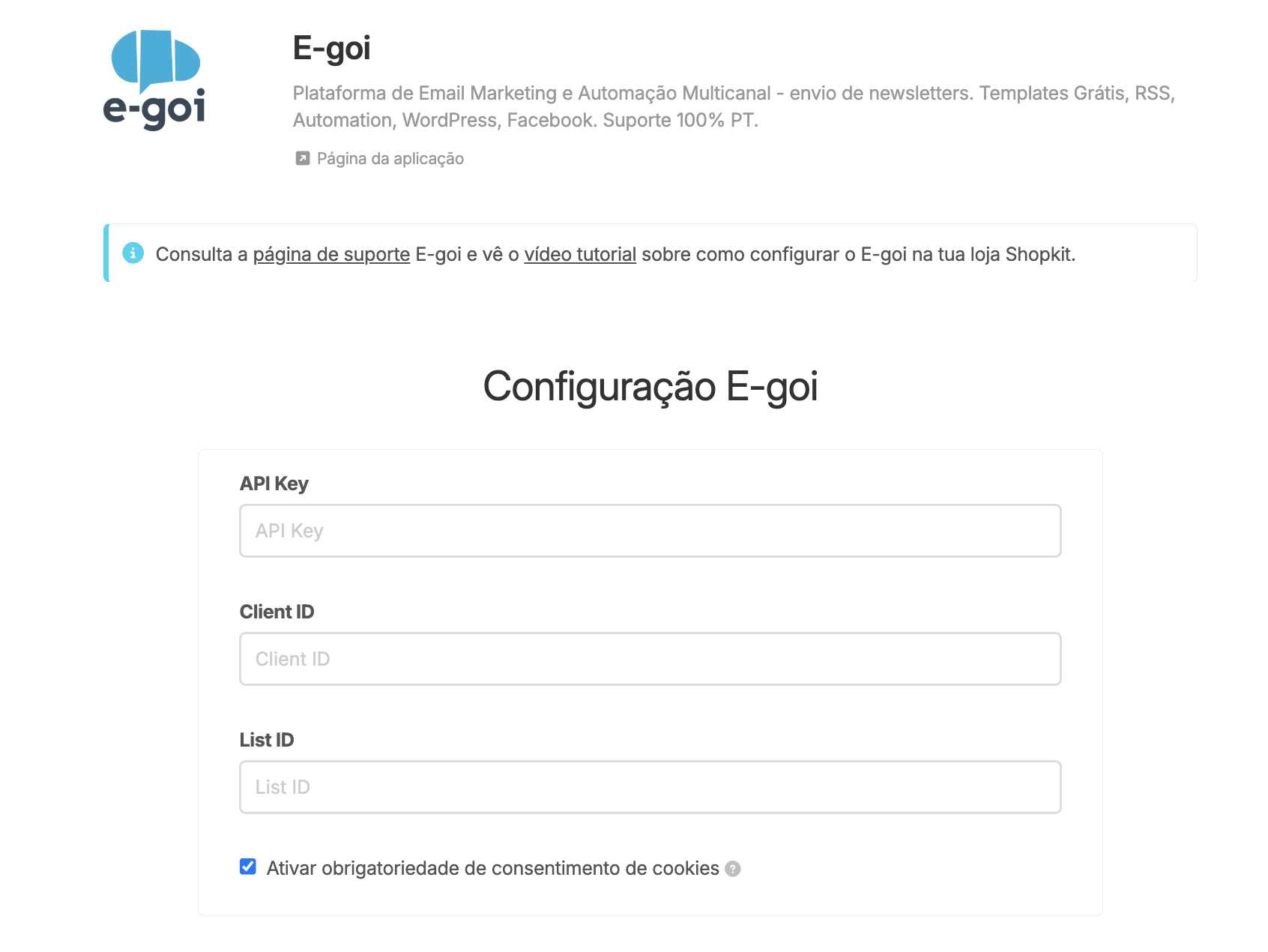 App E-goi na área de gestão da loja